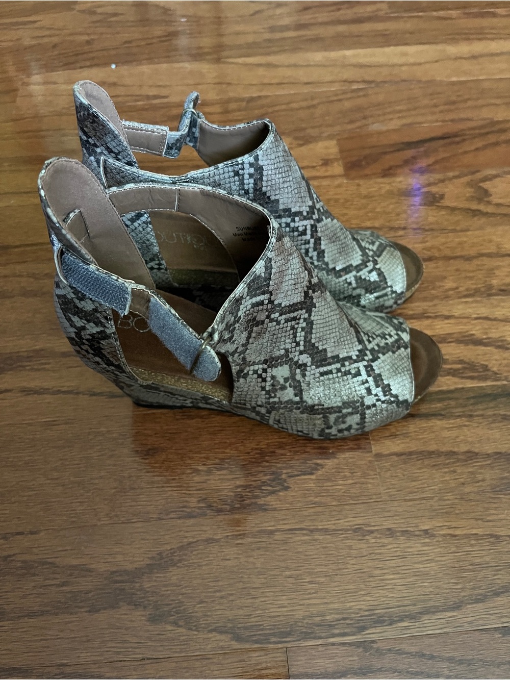 Snake Print Wedge Peep-Toe Sandals Boutique by Corky’s.